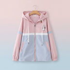 Pink and blue hooded casual jacket featuring a cute bunny design, part of the preppy girls casual jacket and jeans set