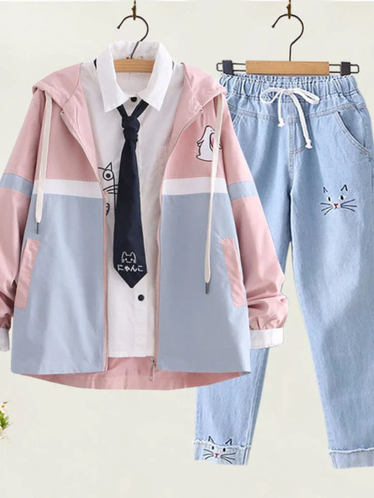 Preppy girls casual jacket and jeans set with pastel pink and blue jacket and light blue jeans with cat designs