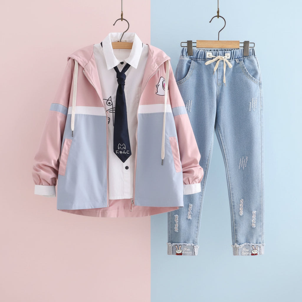 Preppy girls casual jacket and jeans set with pastel hooded jacket and light blue distressed jeans