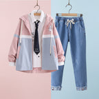 Preppy girls casual jacket and jeans set with pastel color-block jacket and blue denim pants