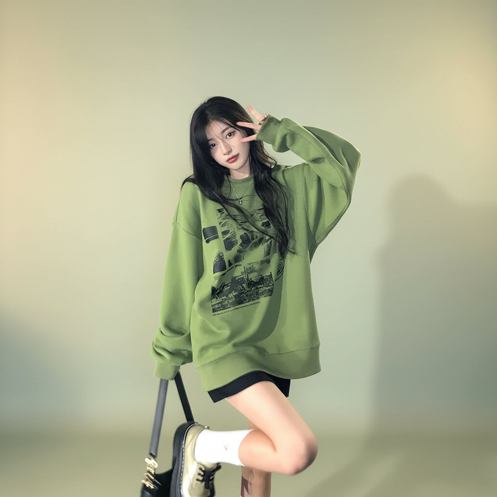 Young woman wearing cute green harajuku design hoodie posing on city street at night
