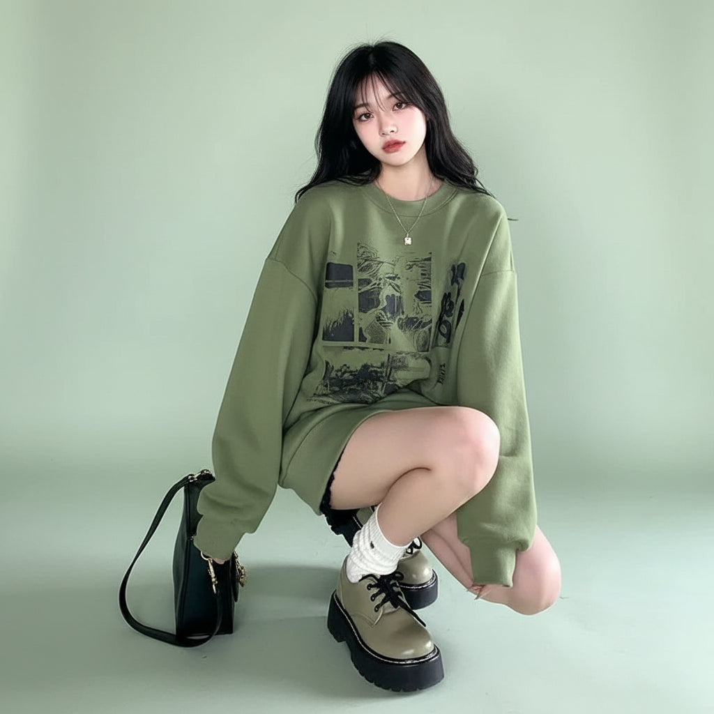 Young woman wearing cute green harajuku design hoodie sitting on sidewalk with black bag and beige shoes