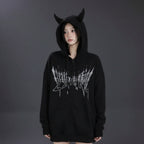 Black trendy anime streetwear hoodie with horned hood and abstract graphic design on front