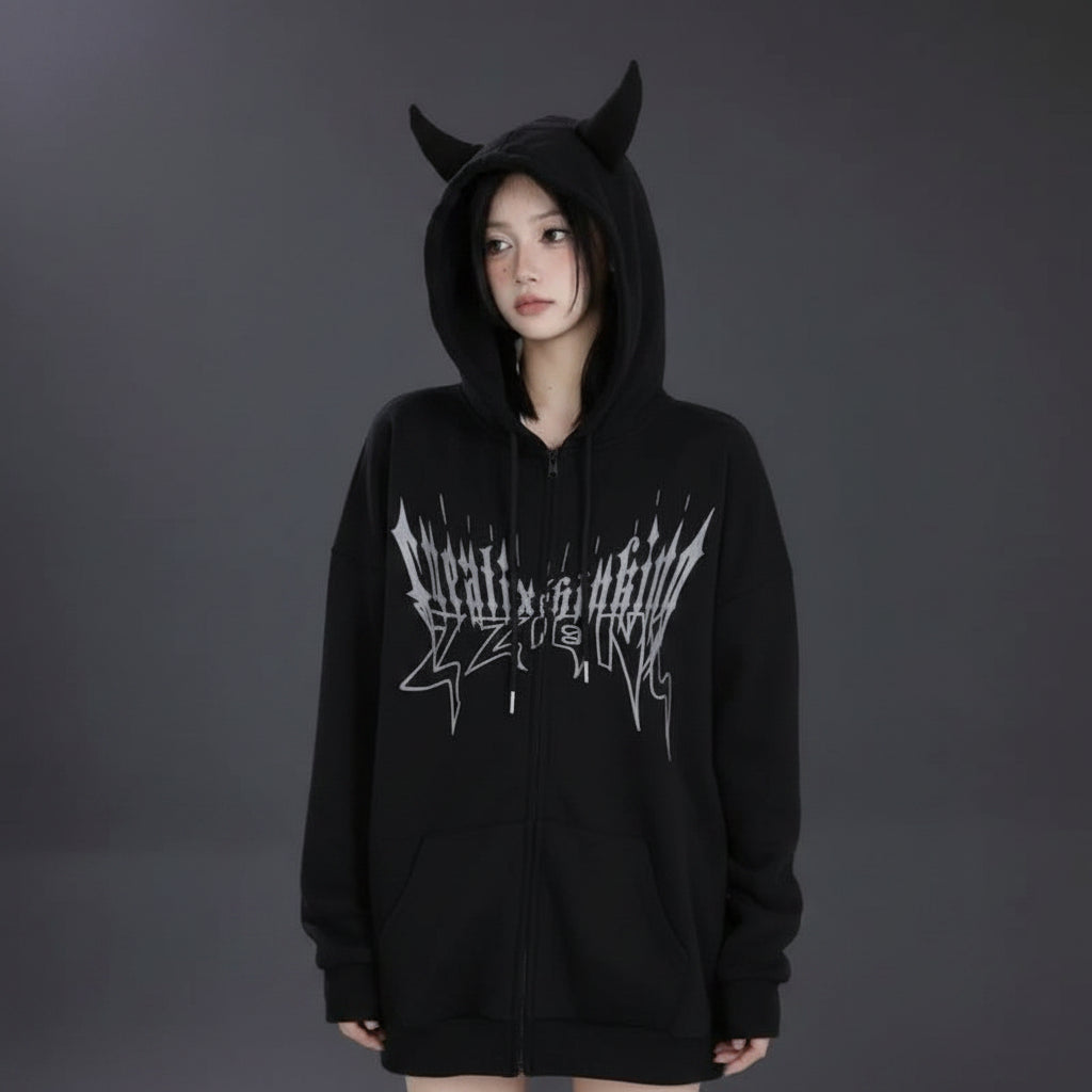 Black trendy anime streetwear hoodie with horned hood and abstract graphic design on front