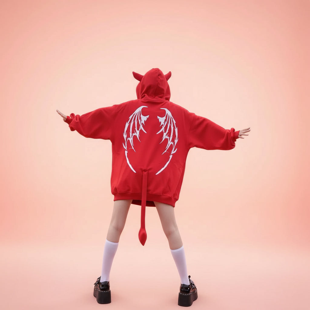 Trendy anime streetwear hoodie in red with dragon wings design and devil tail on the back