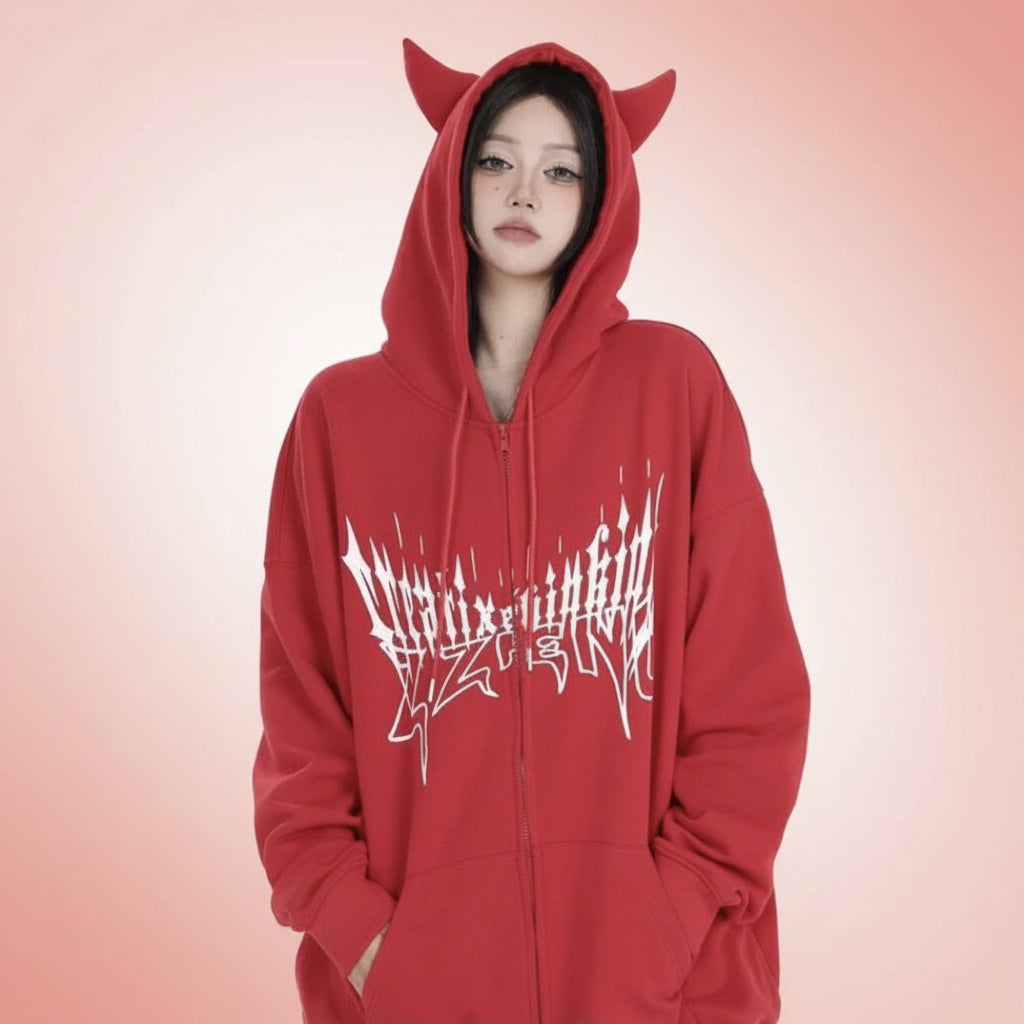 Trendy anime streetwear hoodie in red with devil ear hood and white graphic design