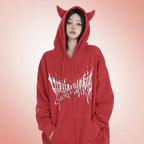 Trendy anime streetwear hoodie in red with devil ear hood and white graphic design