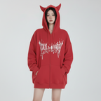Red Devil Horns Zip Up Hoodie with Gothic Print - product image 9