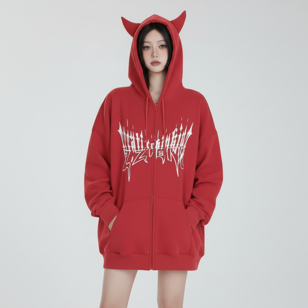 Red Devil Horns Zip Up Hoodie with Gothic Print - product image 9