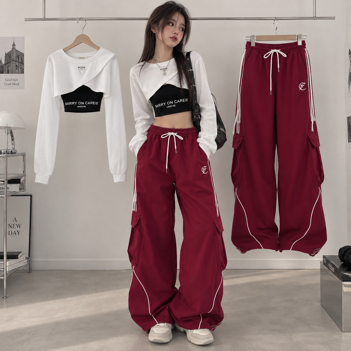 Ensemble streetwear trois pièces haut court et pantalon cargo