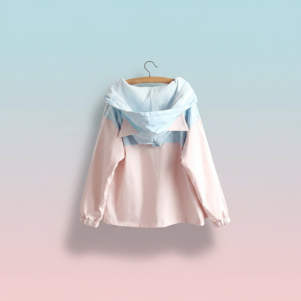 Soft girl autumn japanese cardigan in pastel pink and blue with hood and cat ear details