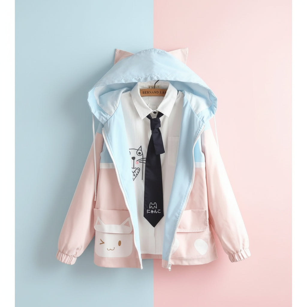 Soft girl autumn japanese cardigan in pastel pink and blue with cat design and hood