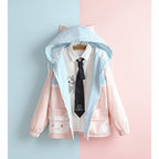 Soft girl autumn japanese cardigan in pastel pink and blue with cat design and hood