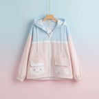 Soft girl autumn japanese cardigan pastel blue and pink color block zip-up hoodie with cute face pockets