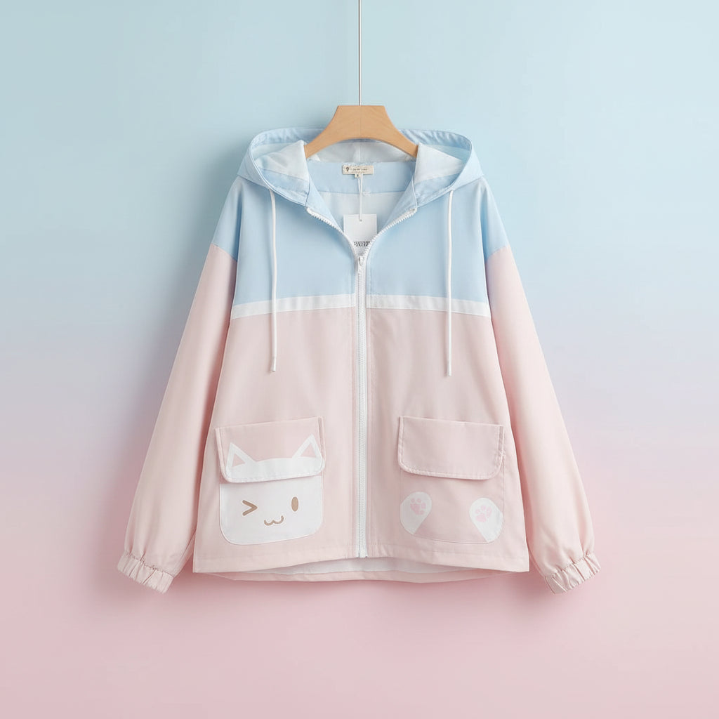Soft girl autumn japanese cardigan pastel blue and pink color block zip-up hoodie with cute face pockets