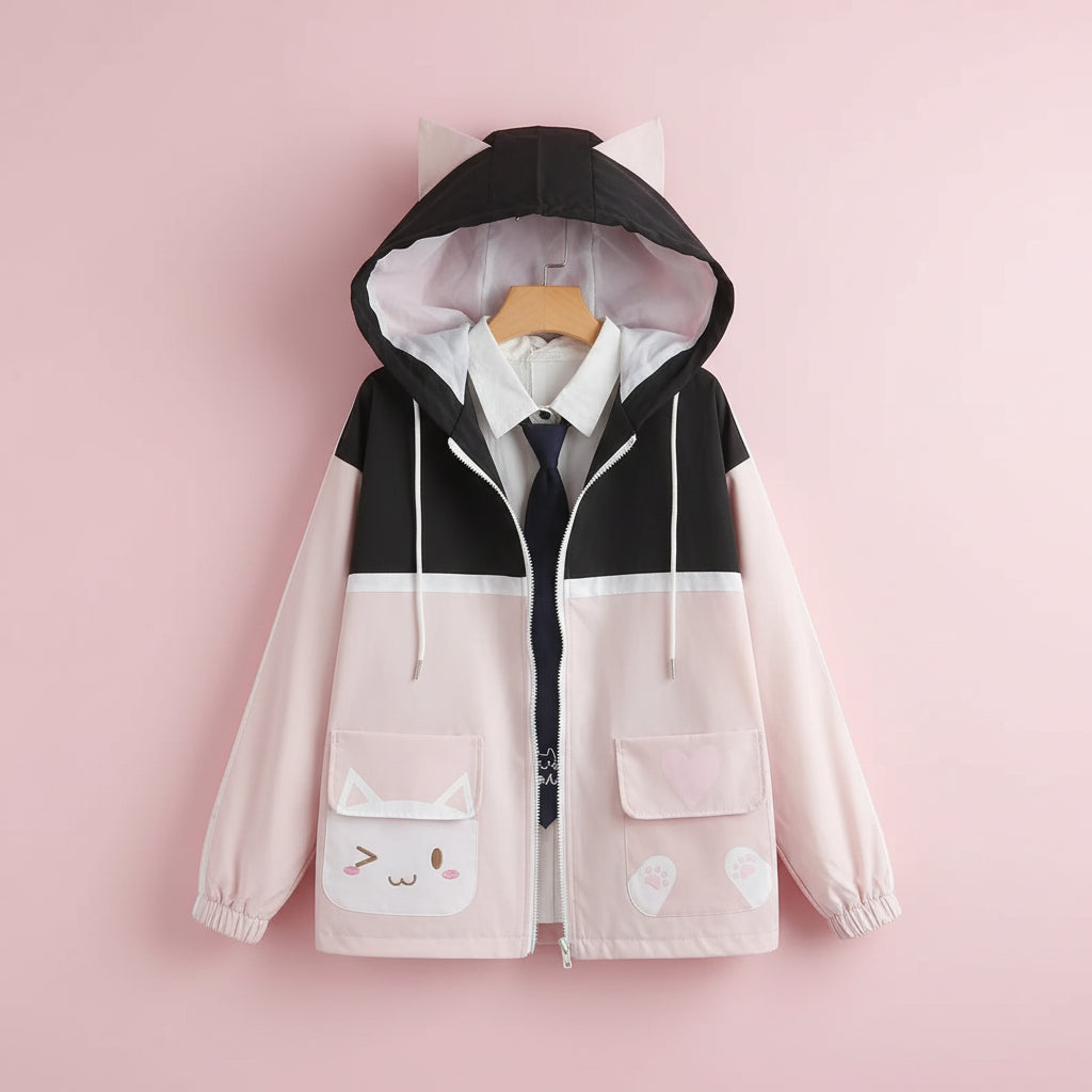 Soft girl autumn japanese cardigan with cat ear hood and cute pocket designs in pink and black