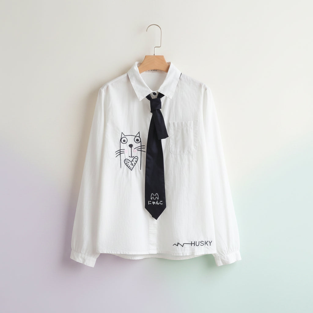 Soft girl autumn japanese cardigan styled white shirt with black cat print and black tie