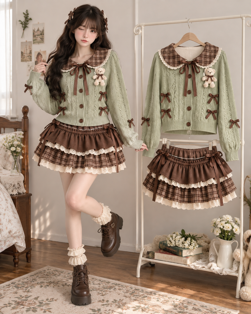 Soft Mori Kawaii Cardigan & Plaid Ruffle Skirt Set