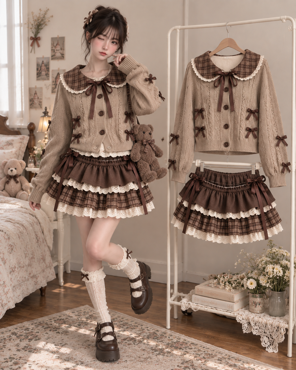 Soft Mori Kawaii Cardigan & Plaid Ruffle Skirt Set