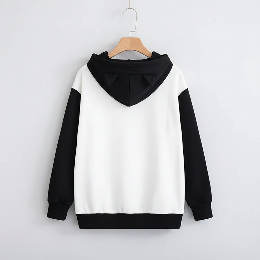 Back view of spring long sleeve cute cat sweatshirt with black hood and sleeves from Vusy Kawai Shop
