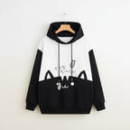 Black and white spring long sleeve cute cat sweatshirt with hood and fish design