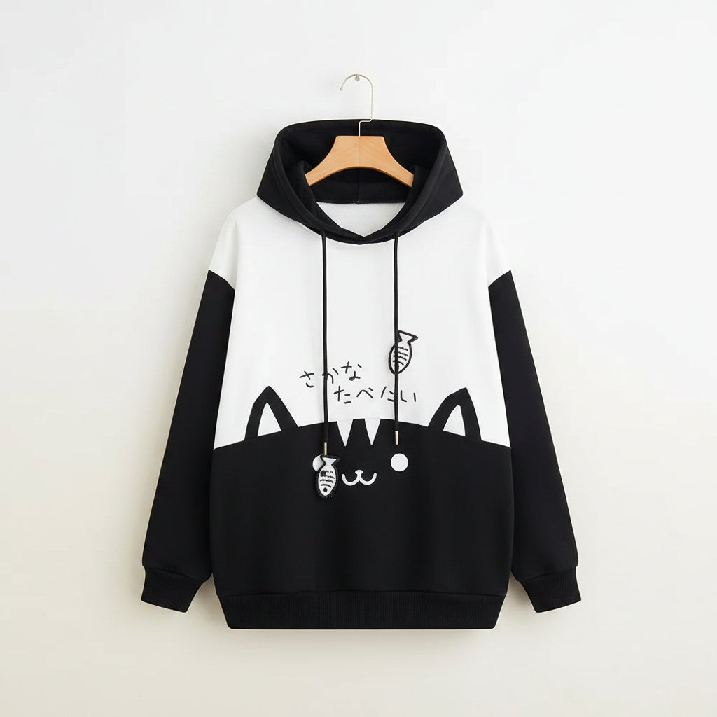 Black and white spring long sleeve cute cat sweatshirt with hood and fish design
