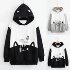 Spring long sleeve cute cat sweatshirt with hood and fish design in black and white and gray color options