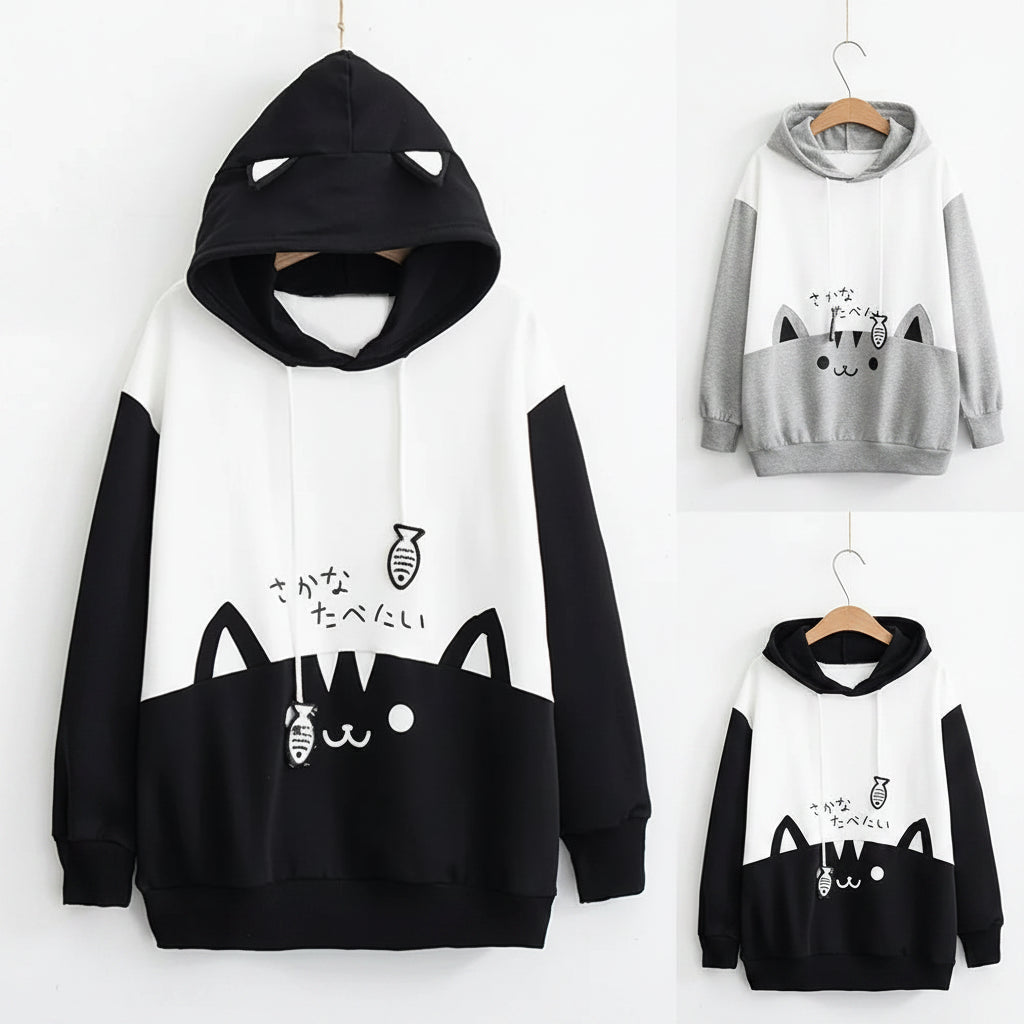 Spring long sleeve cute cat sweatshirt with hood and fish design in black and white and gray color options