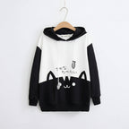spring long sleeve cute cat sweatshirt in black and white with fish design and hood