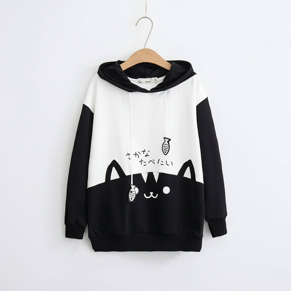 spring long sleeve cute cat sweatshirt in black and white with fish design and hood
