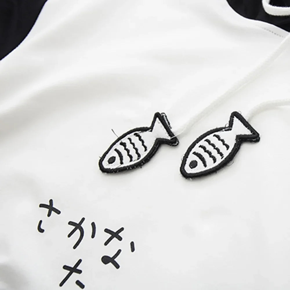 Close-up of spring long sleeve cute cat sweatshirt with fish designs and black white color