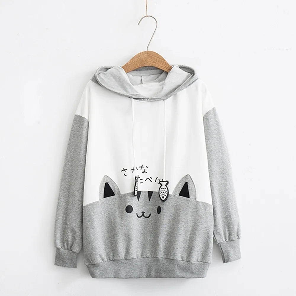 Vusy Kawai Shop spring long sleeve cute cat sweatshirt in gray and white with hood and cat face design