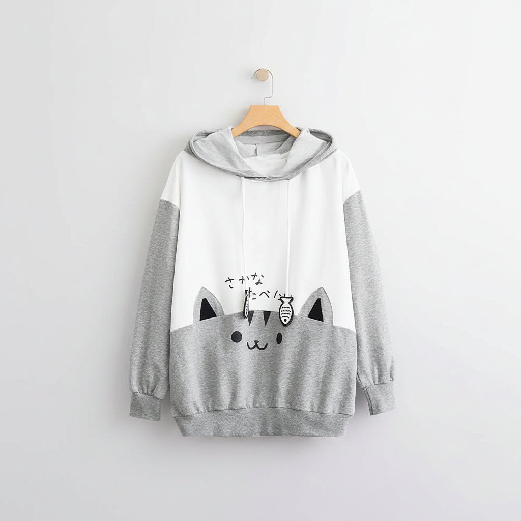 Vusy Kawai Shop spring long sleeve cute cat sweatshirt with gray sleeves and cat face design