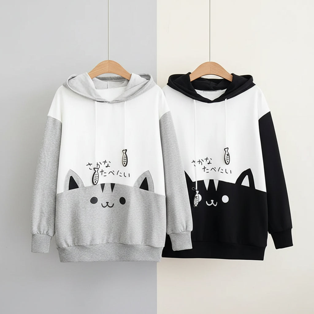Vusy Kawai Shop spring long sleeve cute cat sweatshirt in gray and black with hood and cat face design