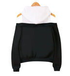 Black and white strapless hooded sweatshirt for women hanging on wooden hanger