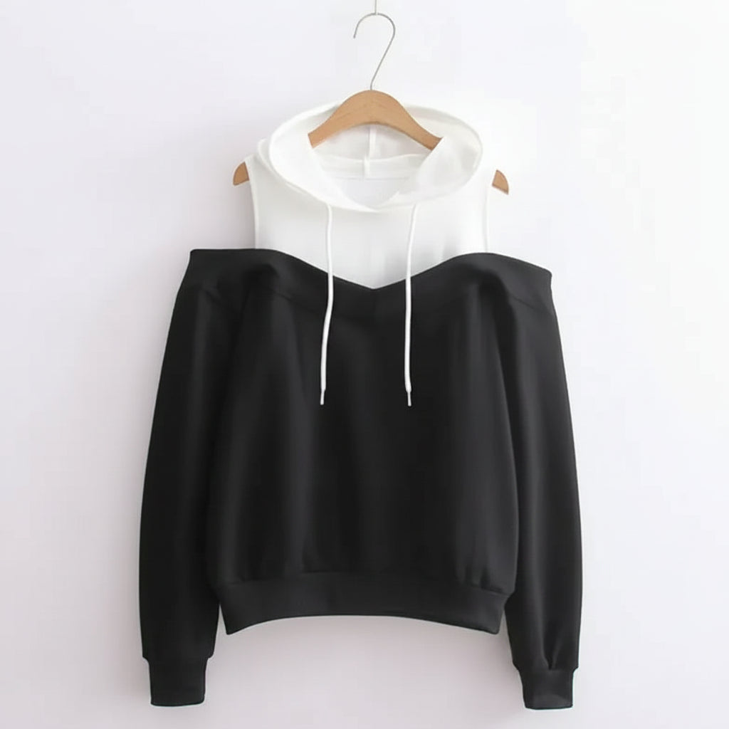 Black and white strapless hooded sweatshirt for women with off-shoulder design and long sleeves