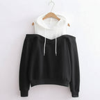 Black and white strapless hooded sweatshirt for women with off-shoulder design and long sleeves
