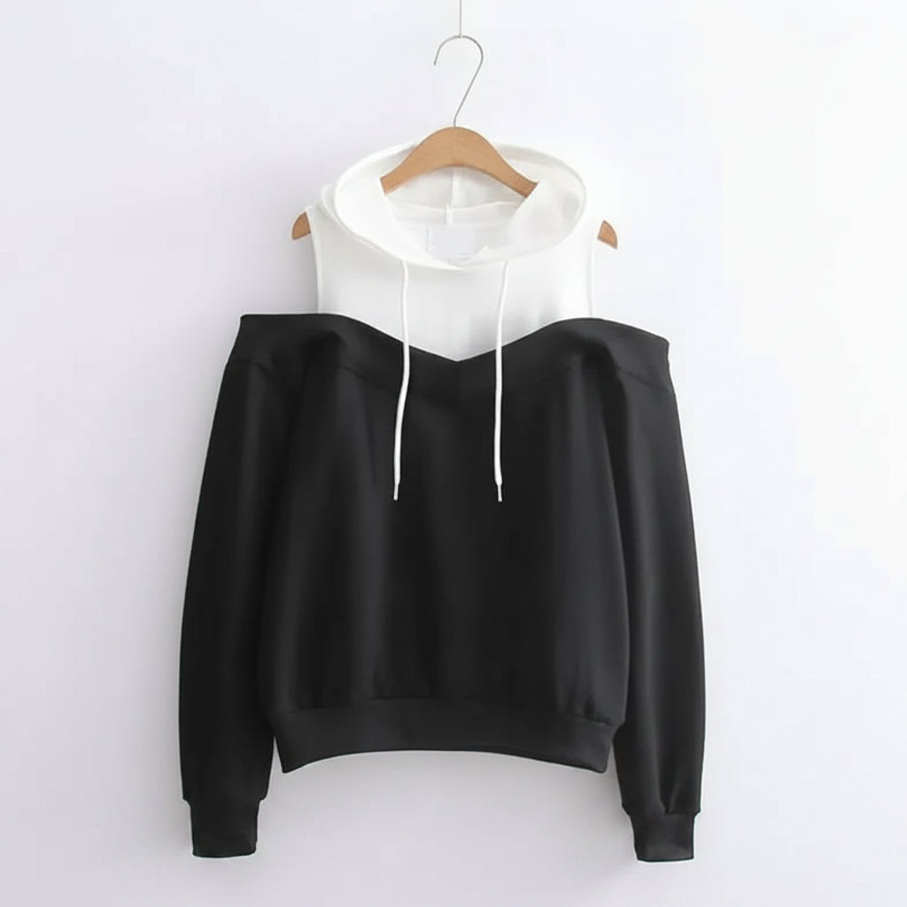 Black and white strapless hooded sweatshirt for women with off-shoulder design and front drawstrings
