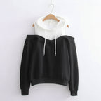 Black and white strapless hooded sweatshirt for women with off-shoulder design and front drawstrings