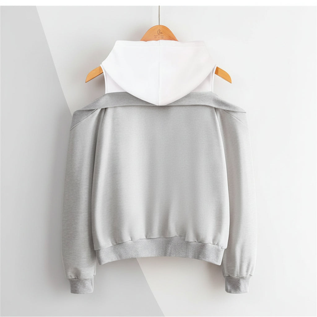 Gray and white strapless hooded sweatshirt for women with long sleeves hanging on wooden hanger