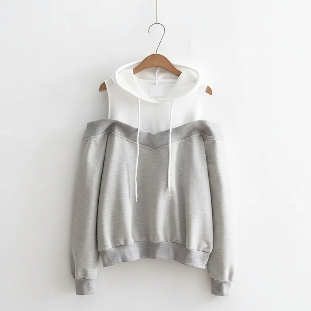 Gray and white strapless hooded sweatshirt for women with off shoulder design and long sleeves