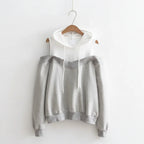 Gray and white strapless hooded sweatshirt for women with off shoulder design and long sleeves