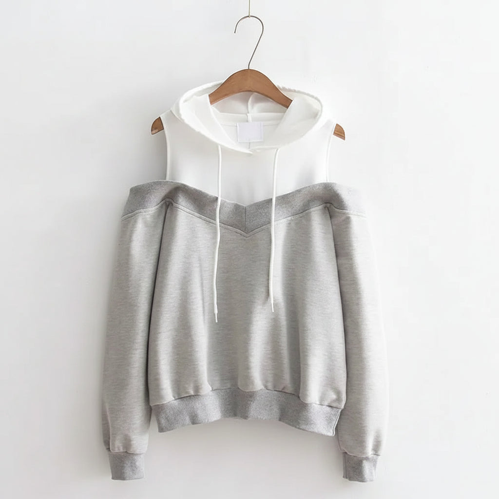 Gray and white strapless hooded sweatshirt for women with long sleeves and drawstring hood