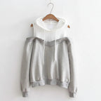 Gray and white strapless hooded sweatshirt for women with long sleeves and drawstring hood