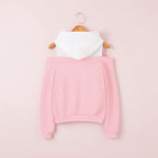Pink and white strapless hooded sweatshirt for women with long sleeves and a front pocket