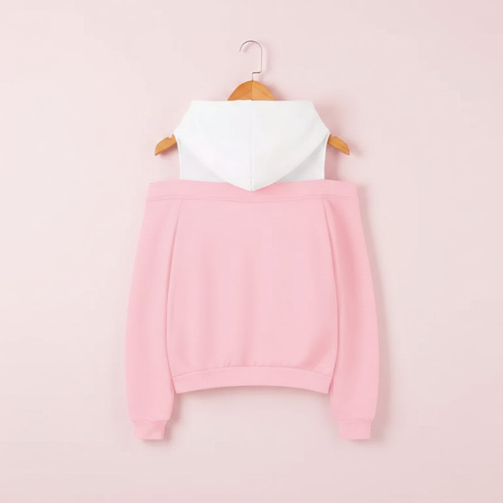 Pink and white strapless hooded sweatshirt for women with long sleeves and a front pocket