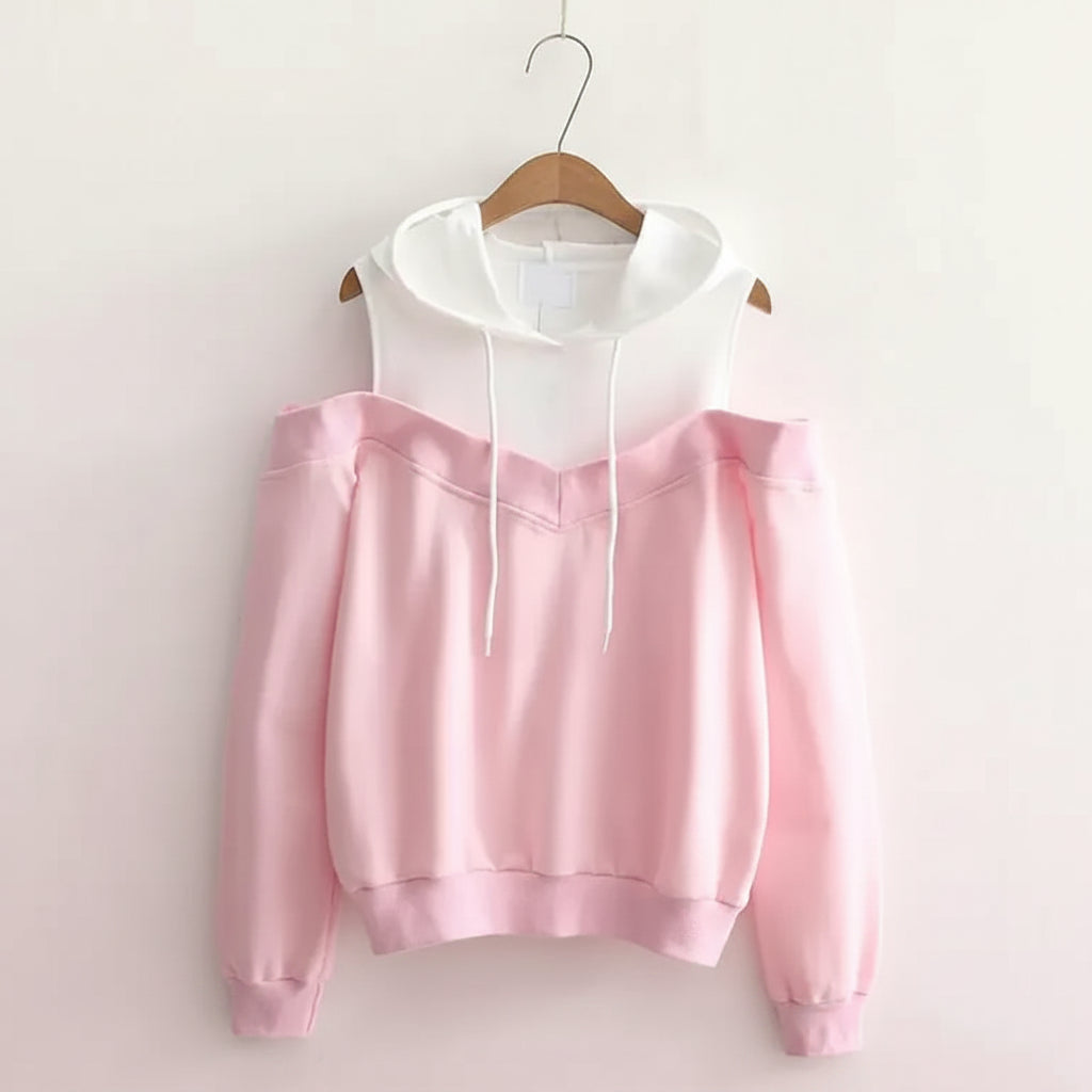 Pink and white strapless hooded sweatshirt for women with long sleeves and drawstring hood