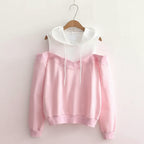 Pink and white strapless hooded sweatshirt for women with long sleeves and drawstring hood