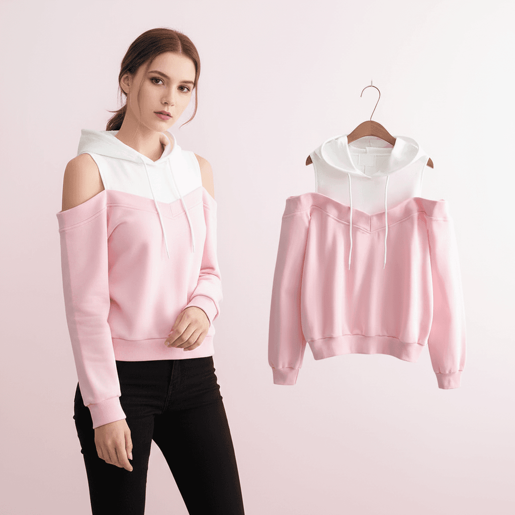 Trägerloses Kapuzen-Sweatshirt Rosa Weiß
