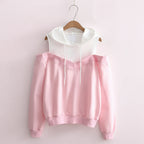 Pink and white strapless hooded sweatshirt for women with off-shoulder design and drawstring hood